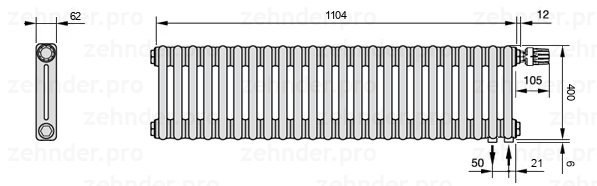 Схема (чертеж) Радиатор Zehnder Charleston 2040/24 №V002 Белый глянцевый RAL 9016
